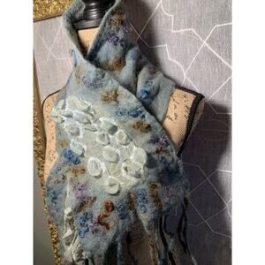 Felted Wool Silk Scarf Artist Handmade Art To Wear Texture Fringe Hippie Gypsy